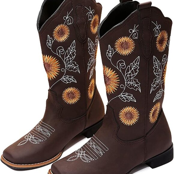 Women Cowboy Boots Sunflower Embroidery Stitched Square Toe Low Heel Western